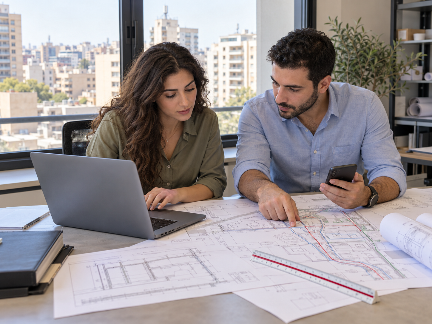 Engineers reviewing project plans with a laptop and smartphone