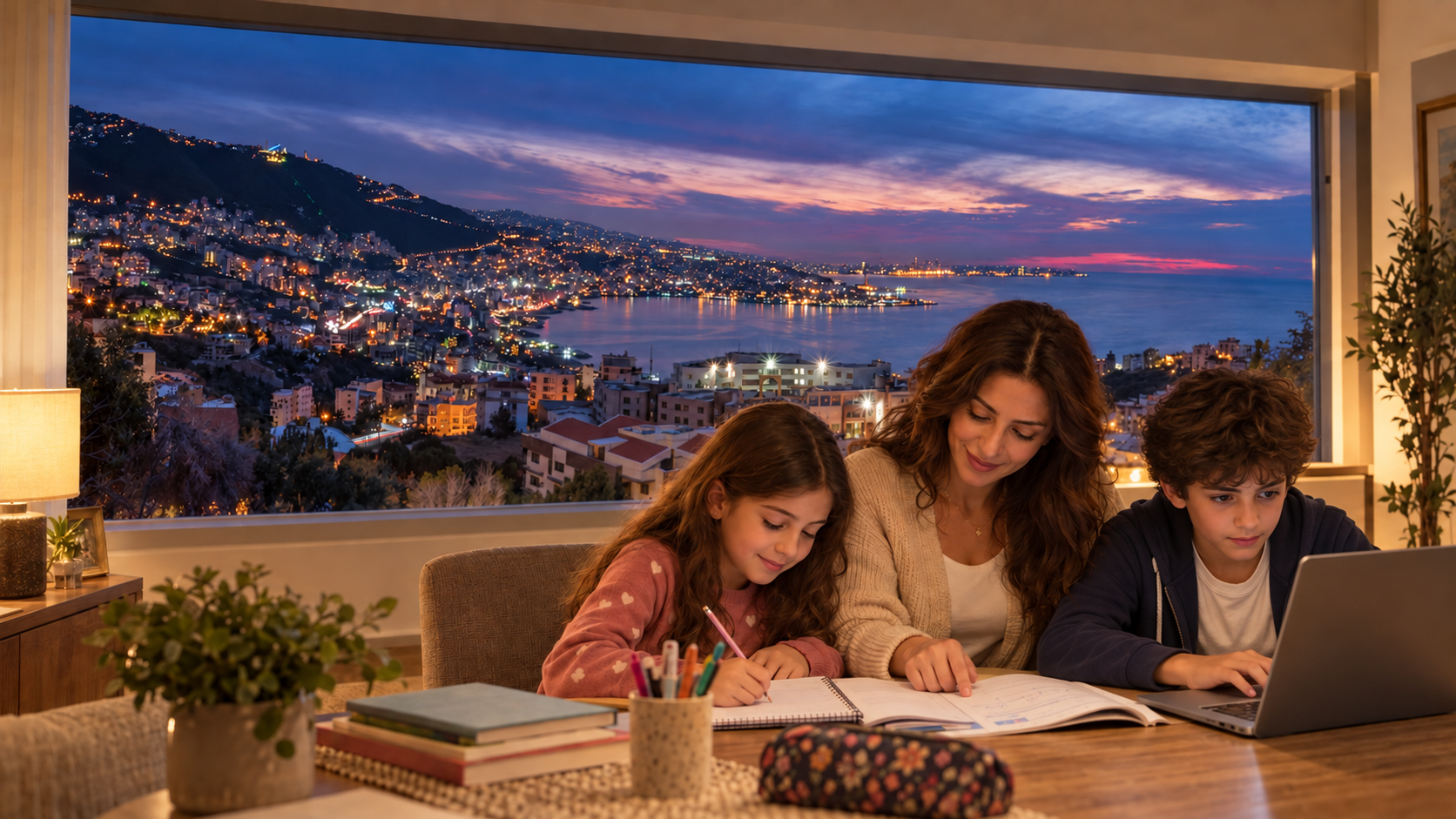 A boy uses a laptop while his mother helps his sister study, with Jounieh Bay and Harissa behind them